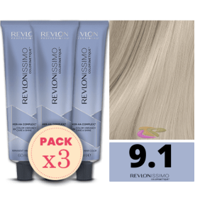 Revlon - Pack 3 Tintes REVLONISSIMO COLORSMETIQUE 9.1 Rubio Muy Claro Ceniza 60 ml (Ker-Ha Complex)