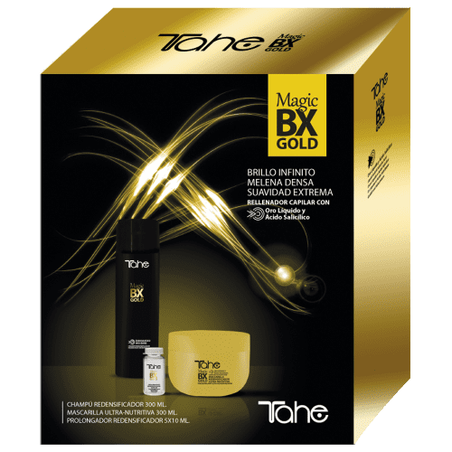 Tahe - Kit MAGIC BX GOLD (Champô Redensificador 300 ml + Máscara Redensificadora 300 ml + 5 Ampolas Redensificadoras 10 ml) 